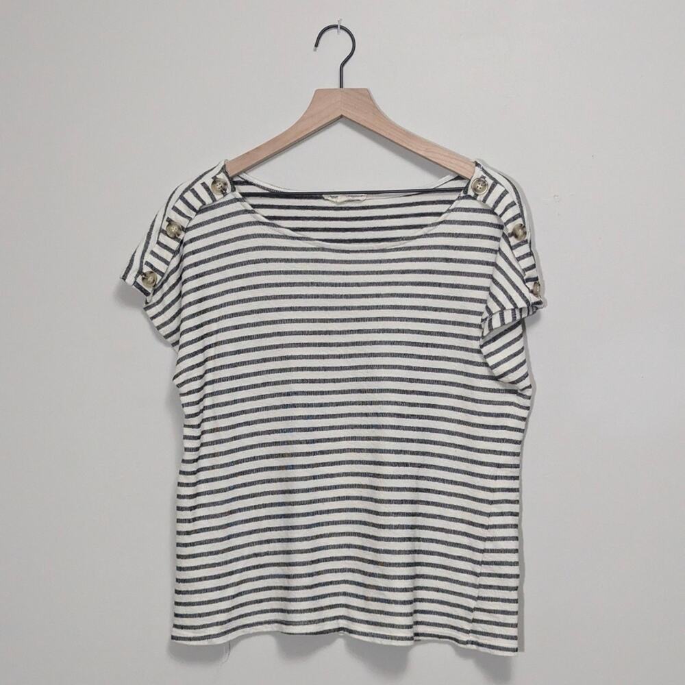 Above and Beyond petite large black white striped top with button accents